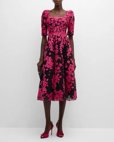 Rickie Freeman For Teri Jon Floral-embroidered Tulle Midi Dress In Black Fucshia