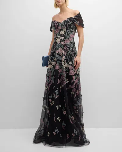 Rickie Freeman For Teri Jon Off-shoulder Embroidered Tulle Gown In Black Mult