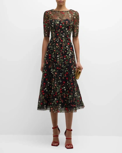 Rickie Freeman For Teri Jon Floral-embroidered Tulle Midi Dress In Black Mult