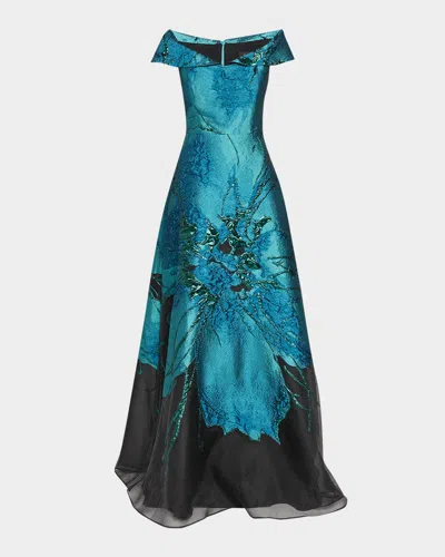 Rickie Freeman For Teri Jon Floral Jacquard Organza A-line Gown In Blue