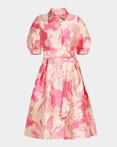 Rickie Freeman For Teri Jon Floral Jacquard Puff-sleeve Shirtdress In Pink Nude