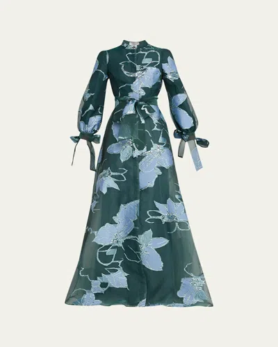 RICKIE FREEMAN FOR TERI JON FLORAL METALLIC JACQUARD SHIRT GOWN