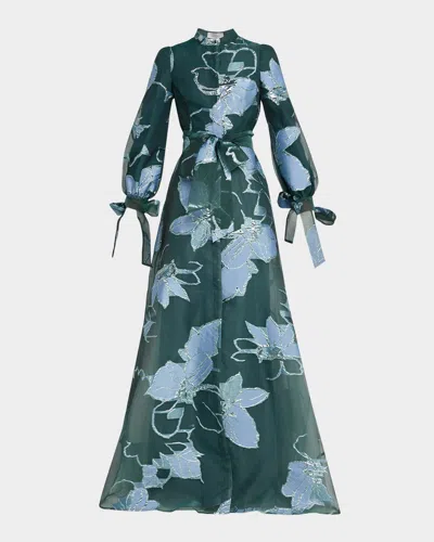 Rickie Freeman For Teri Jon Floral Metallic Jacquard Shirt Gown In Multi