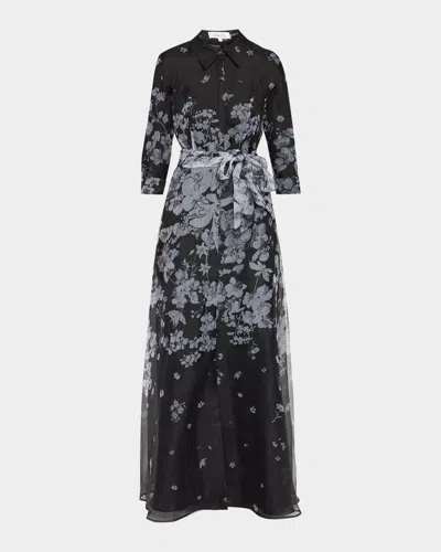 Rickie Freeman For Teri Jon Floral Organza Tie-waist Shirt Gown In Black