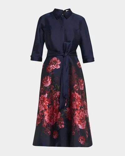 Rickie Freeman For Teri Jon Floral Paisley Jacquard Midi Shirtdress In Blue