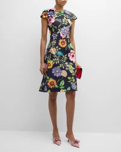 Rickie Freeman For Teri Jon Floral-print Beaded Applique Dress In Black Mult