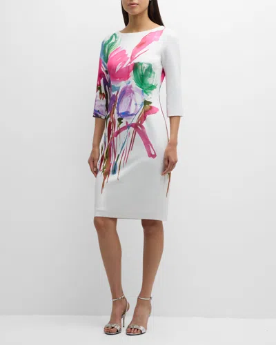 Rickie Freeman For Teri Jon Floral-print Bodycon Scuba Dress In White Mul