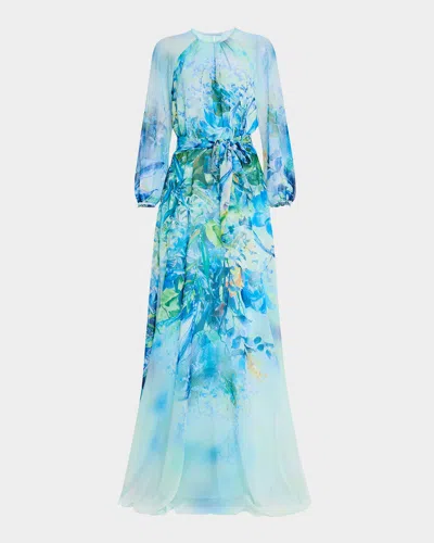 Rickie Freeman For Teri Jon Floral-print Chiffon Gown In Blue Multi