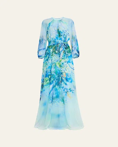 RICKIE FREEMAN FOR TERI JON FLORAL-PRINT CHIFFON GOWN