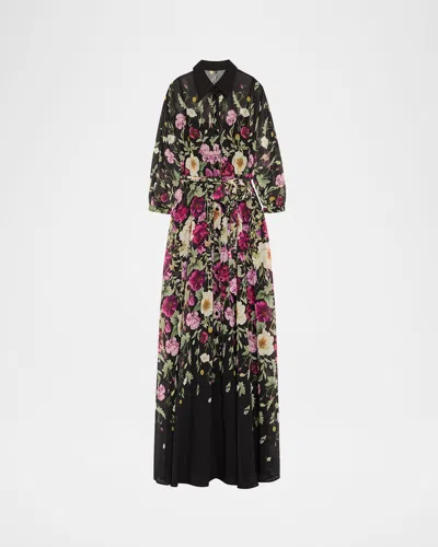 RICKIE FREEMAN FOR TERI JON FLORAL-PRINT CHIFFON SHIRT GOWN