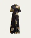 Rickie Freeman For Teri Jon Floral-print Chiffon Shirt Gown In Black Mult