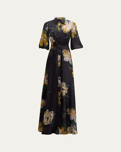RICKIE FREEMAN FOR TERI JON FLORAL-PRINT CHIFFON SHIRT GOWN