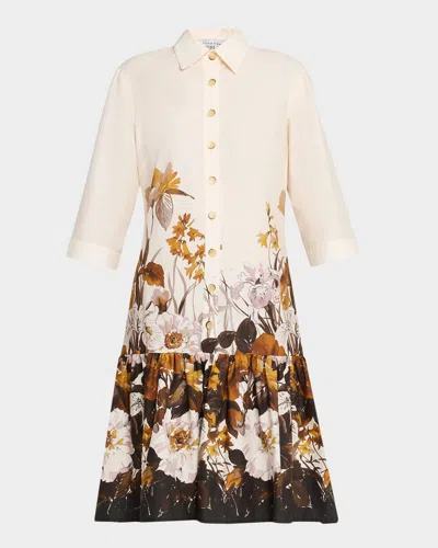 Rickie Freeman For Teri Jon Floral-print Cotton Flounce Shirtdress In Nude