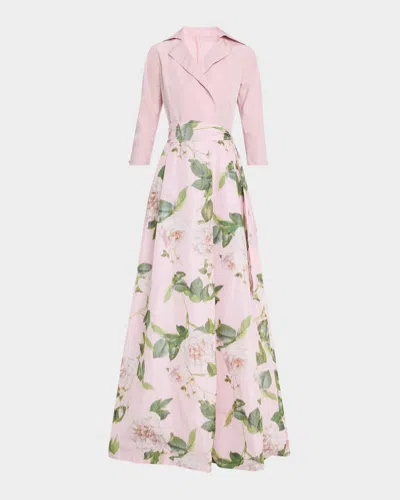Rickie Freeman For Teri Jon Floral-print Faille Taffeta Shirt Gown In Blush Multi