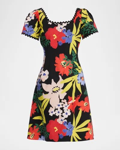 Rickie Freeman For Teri Jon Floral-print Ric Rac Dress In Black