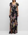 RICKIE FREEMAN FOR TERI JON FLORAL-PRINT RUFFLE CHIFFON GOWN