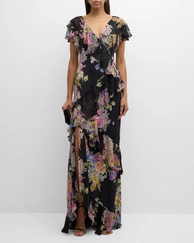 Rickie Freeman For Teri Jon Floral-print Ruffle Chiffon Gown In Black Mult