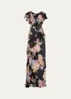 RICKIE FREEMAN FOR TERI JON FLORAL-PRINT RUFFLE CHIFFON GOWN