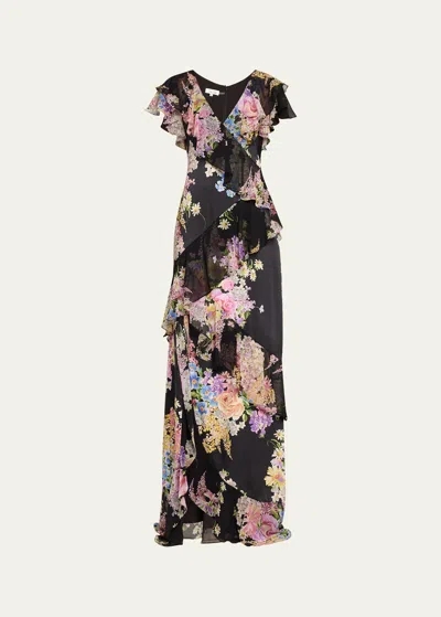 Rickie Freeman For Teri Jon Floral-print Ruffle Chiffon Gown In Black Mult