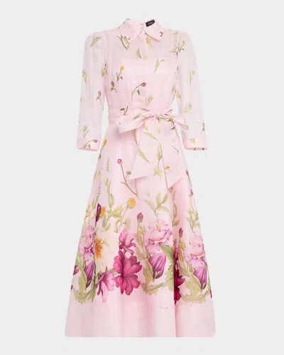 Rickie Freeman For Teri Jon Floral-print Silk Blend Midi Shirtdress In Pink Multi