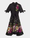 Rickie Freeman For Teri Jon Floral-print Silken Linen Midi Shirtdress In Black Multi