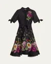 Rickie Freeman For Teri Jon Floral-print Silken Linen Midi Shirtdress In Black Multi