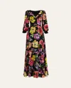 Rickie Freeman For Teri Jon Floral-print Surplice Silk Gown In Black Mult