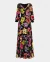 Rickie Freeman For Teri Jon Floral-print Surplice Silk Gown In Black Mult