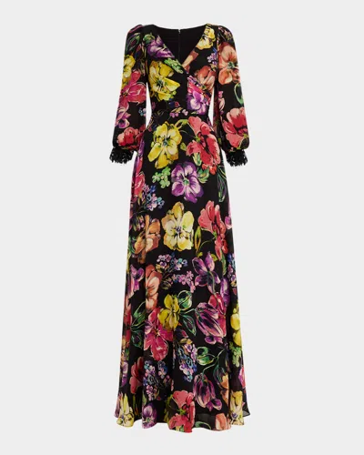 Rickie Freeman For Teri Jon Floral-print Surplice Silk Gown In Black Mult