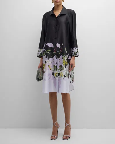 Rickie Freeman For Teri Jon Floral-print Twill Shift Shirtdress In Black