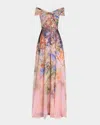 Rickie Freeman For Teri Jon Floral-print Twist Gown In Peach Mult