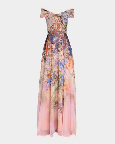 Rickie Freeman For Teri Jon Floral-print Twist Gown In Peach Mult