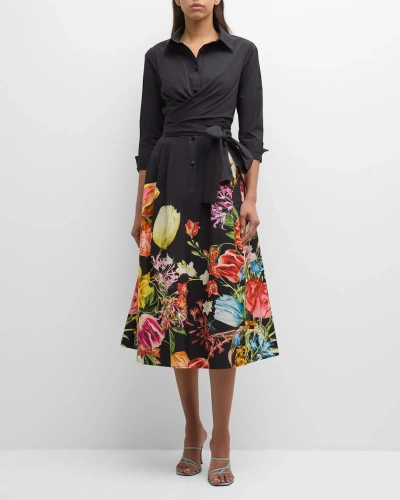 Rickie Freeman For Teri Jon Floral-print Wrap Midi Shirtdress In Black Mult