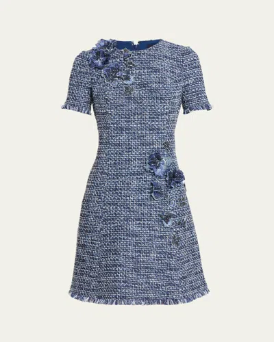 Rickie Freeman For Teri Jon Floral Tweed Short-sleeve Dress In Multi