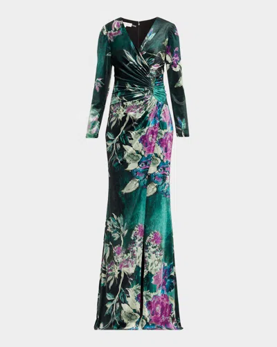 Rickie Freeman For Teri Jon Floral Velvet Jewel Appliqué Gown In Green