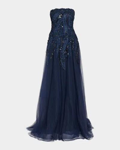 Rickie Freeman For Teri Jon Floral-embellished Tulle Strapless Gown In Blue