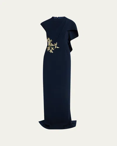 Rickie Freeman For Teri Jon Floral-embroidered Asymmetric Capelet Gown In Blue