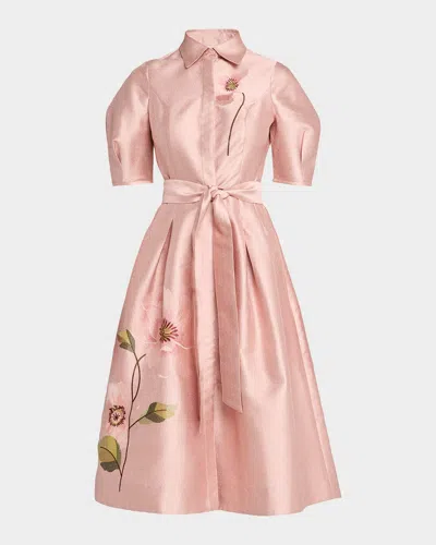 Rickie Freeman For Teri Jon Floral-embroidered Shimmer Jacquard Midi Shirtdress In Pink