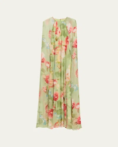 Rickie Freeman For Teri Jon Floral-print Chiffon Cape Gown In Green