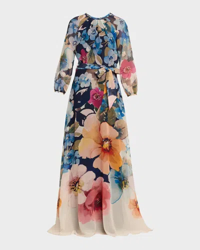 Rickie Freeman For Teri Jon Floral-print Chiffon Gown In Multi