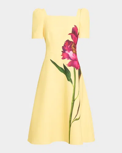 Rickie Freeman For Teri Jon Floral-print Scuba Midi Dress In Yellow
