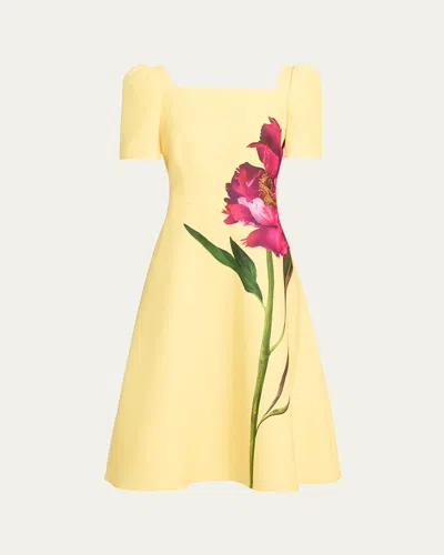 Rickie Freeman For Teri Jon Floral-print Scuba Midi Dress In Yellow