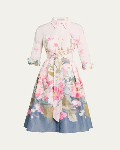 Rickie Freeman For Teri Jon Floral-print Taffeta Midi Shirtdress In Pink