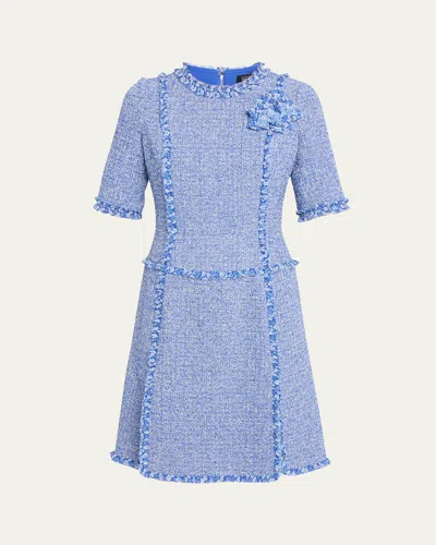 Rickie Freeman For Teri Jon Frayed-trim Woven Tweed Dress In Blue