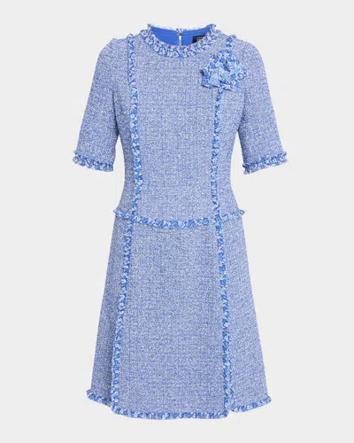 Rickie Freeman For Teri Jon Frayed-trim Woven Tweed Dress In Blue