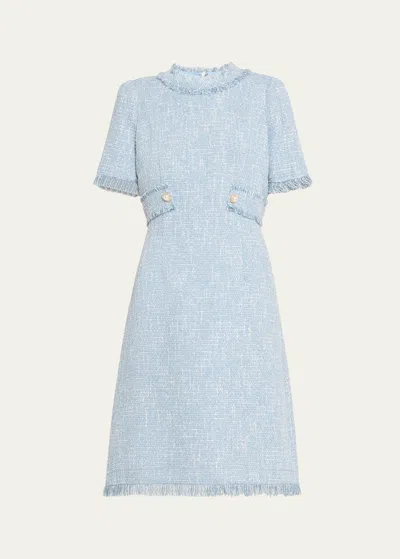 Rickie Freeman For Teri Jon Fringe-trim Boucle Tweed Dress In Pow Blue