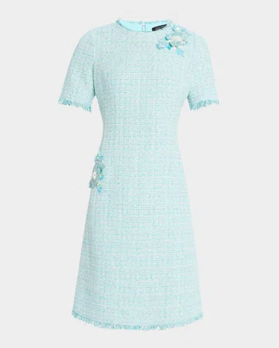Rickie Freeman For Teri Jon Fringe-trim Floral Applique Tweed Dress In Turq Multi