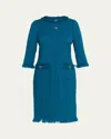 Rickie Freeman For Teri Jon Fringe-trim Stretch Boucle Dress In Blue