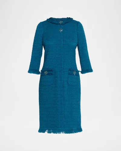 RICKIE FREEMAN FOR TERI JON FRINGE-TRIM STRETCH BOUCLE DRESS