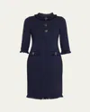 Rickie Freeman For Teri Jon Fringe-trim Stretch Boucle Dress In Navy
